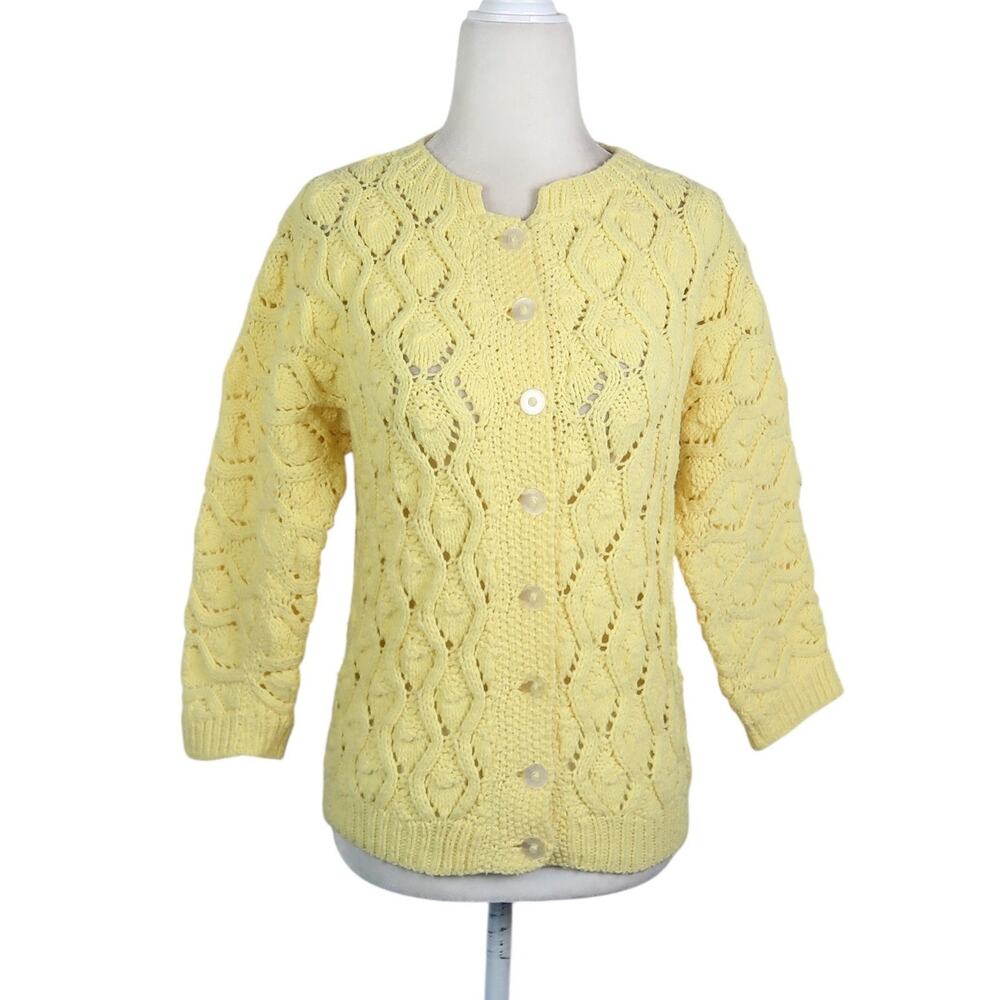 Vintage 80s Yellow Pointelle Diamond Knit Cardigan Sweater S